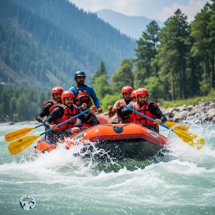 Group adventure rafting with safety gear in Manali Himachal Pradesh